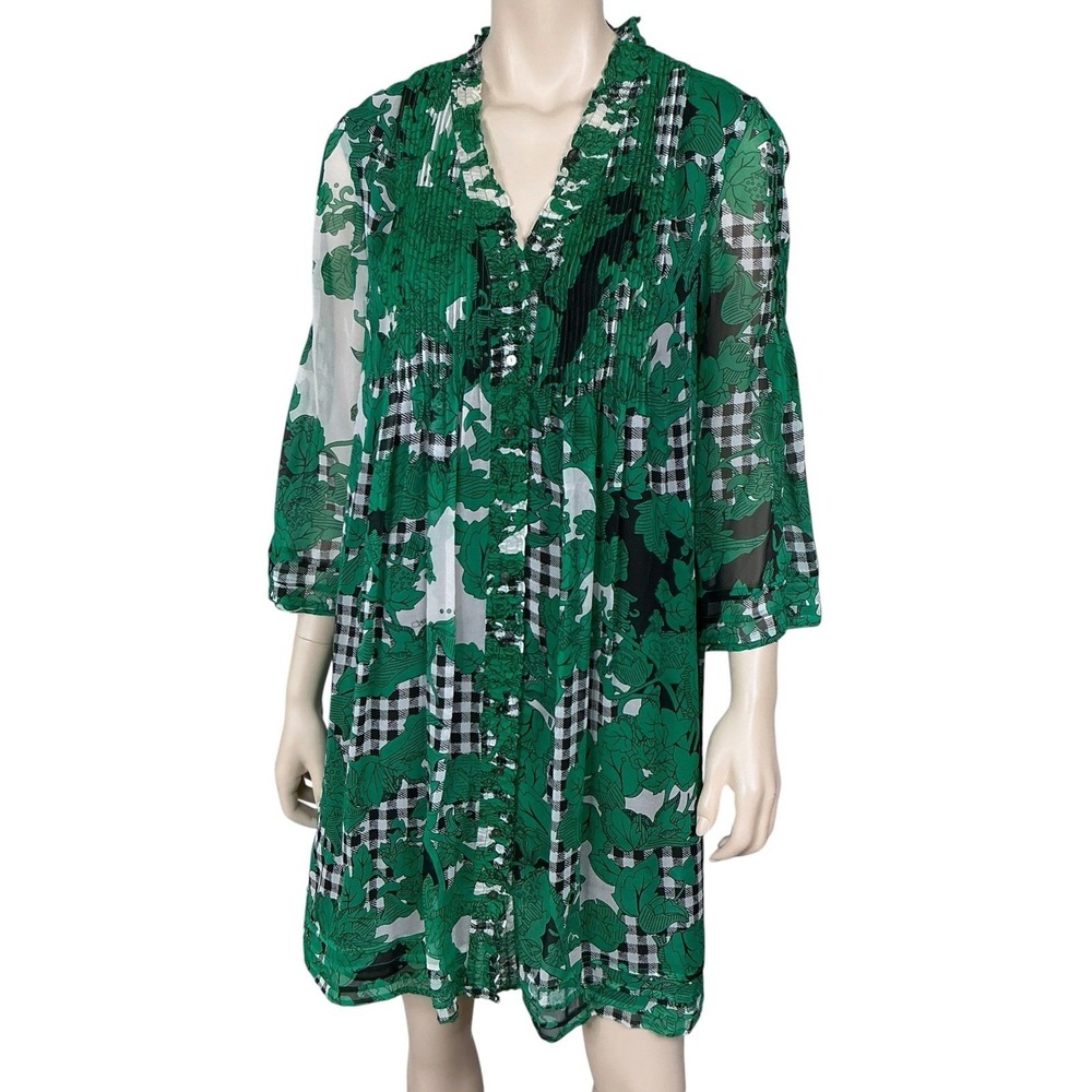 Diane Von Furstenberg Dress Women Size 6 Small Green Pin Tuck Button Down Print